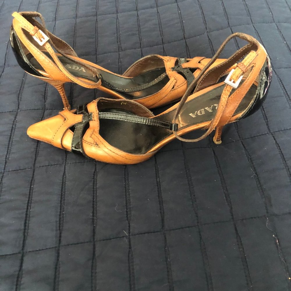 Prada Brown/Black Kitten Heel Ankle Strap Sandals - Picture 3 of 5